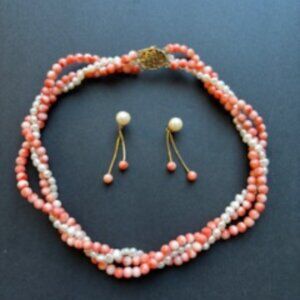 Pearl and coral necklace and earrings
